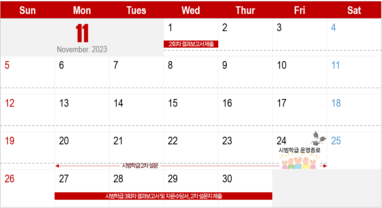 [ ~ 11.01]
시범학급 3회차 결과보고서 제출


[11.20~11.24]
시범학급 2차 학생 설문조사


[11.24]
시범학급 3회차 운영기간 및 2023년 시범학급 운영 종료


[11.24 ~ 11.30]
시범학급 2차 학생 설문지 제출
제출하실 곳 문의처: 리서치앤리서치 실사담당자(02-3484-3019)


[11.27 ~ 11.30]
시범학급 3회차 결과보고서 및 자문수당서 제출